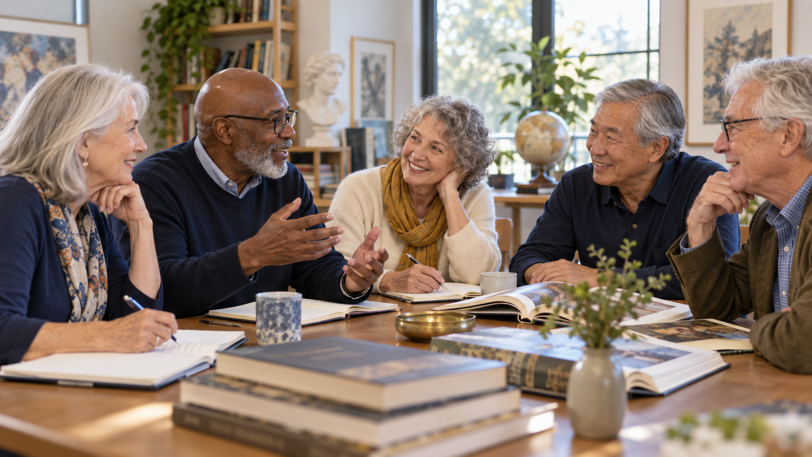 Illustrative scene of older adults sharing ideas around a table