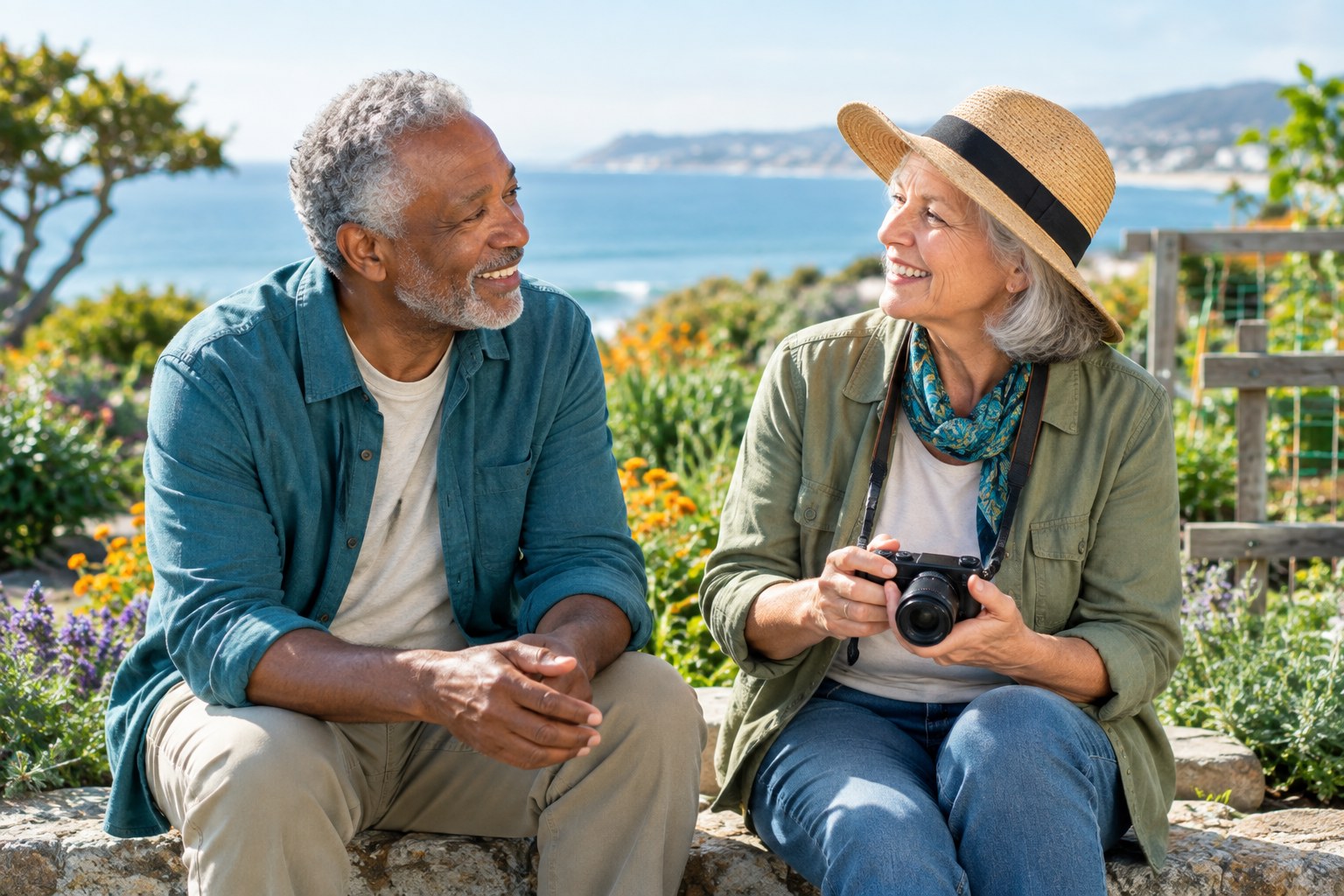 Two older adults talking in a community garden, with a camera suggesting interests beyond work.