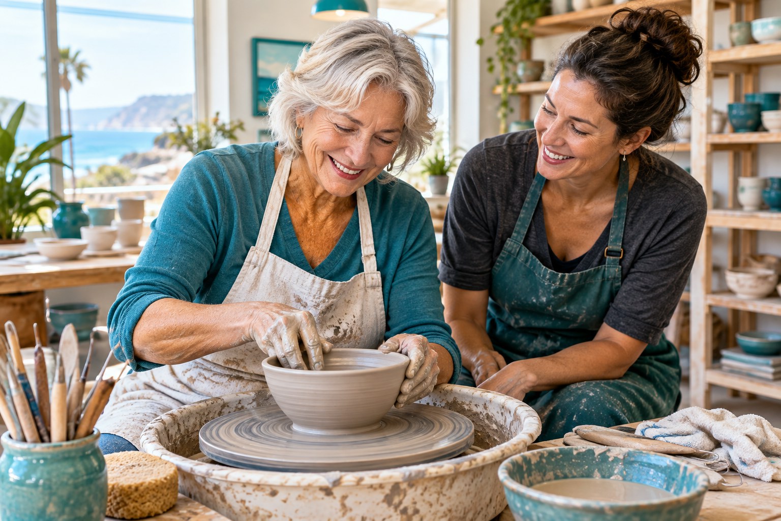 An older woman exploring pottery in a bright studio with an instructor nearby.